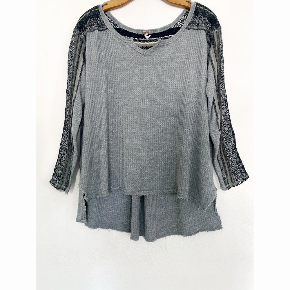 Free People Blouse Women S Gray Waffle Knit Crochet Sleeve Boho Tunic Top